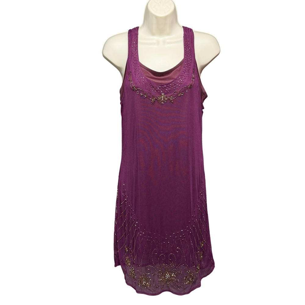 Vtg American Eagle Tank Dress M 2 Pc Purple Beaded Sheer Mesh Fairy Festival Y2K